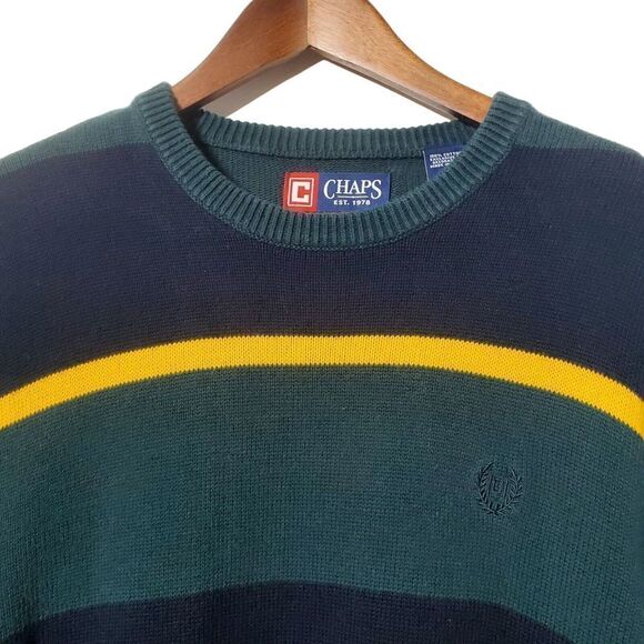 Chaps Mens Y2K Pullover Striped Sweater Size M Green Yellow Long Sleeve Crewneck - Picture 4 of 11